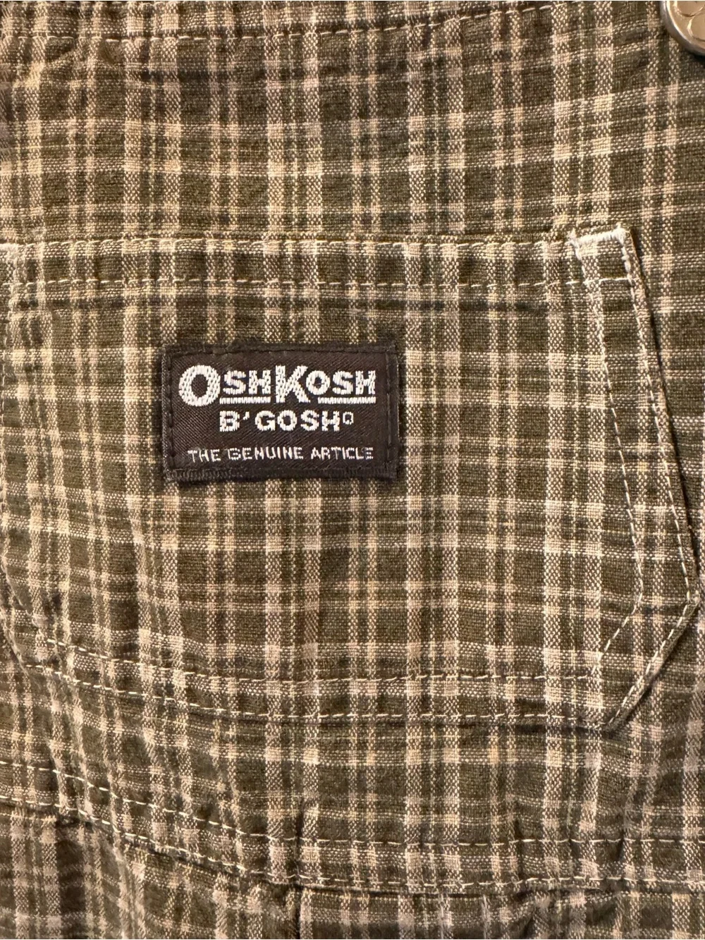 Vintage OshKosh B'gosh Plaid short Overalls Olive green check Vestbak Tide tag